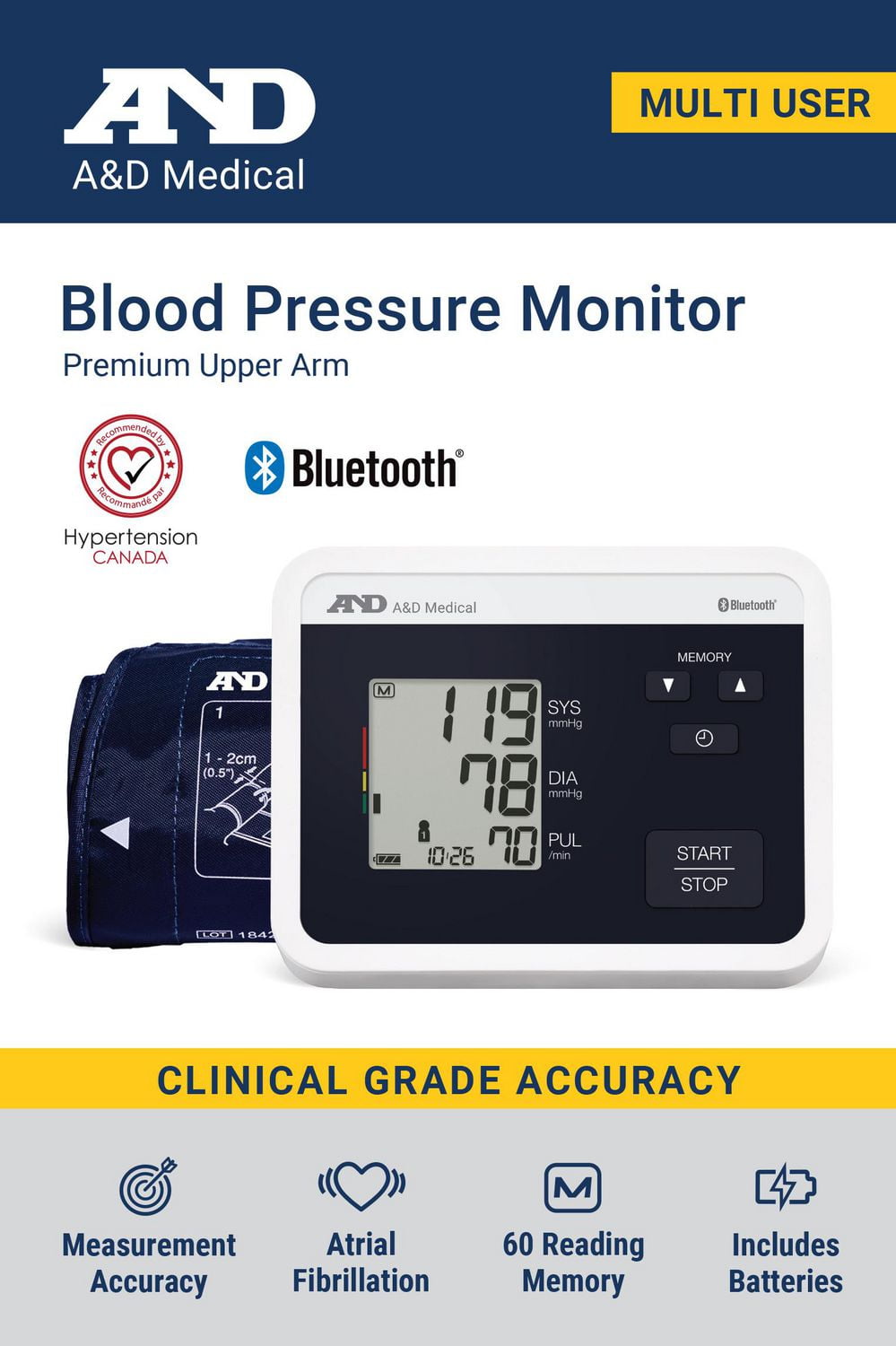 A&D Medical Multi-User Bluetooth Upper Arm Blood Pressure Monitor UA-770CNBLE