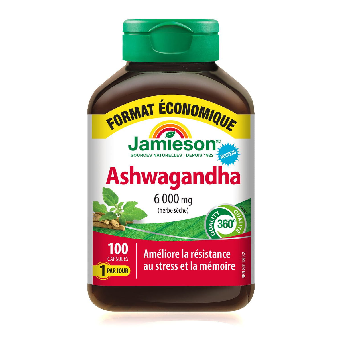 Jamieson Ashwagandha 6,000 mg Dry Herb Equivalent Capsules, 100 Capsules