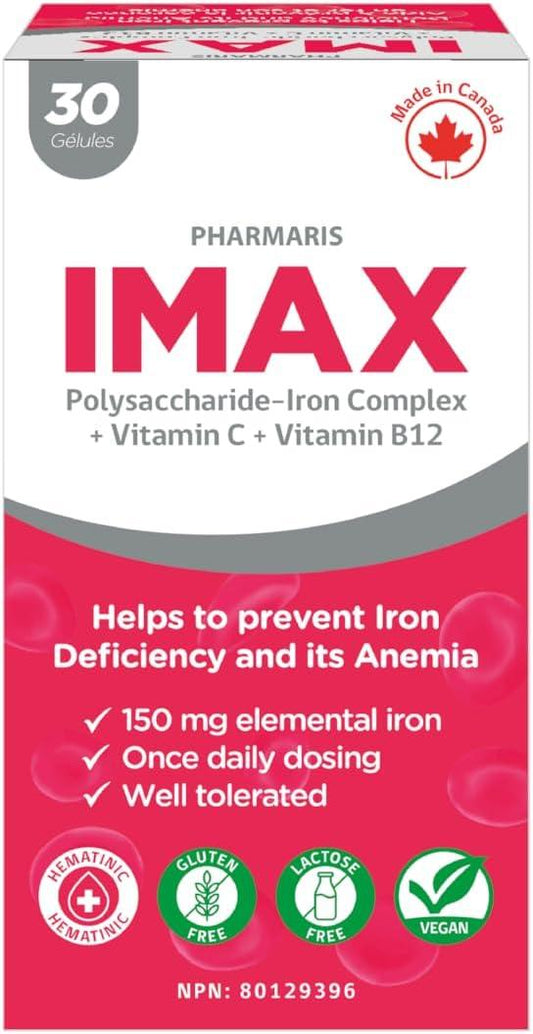 Pharmaris i-max 150 Polysaccharide Iron Complex with Vitamin C & B12, 30 Capsules