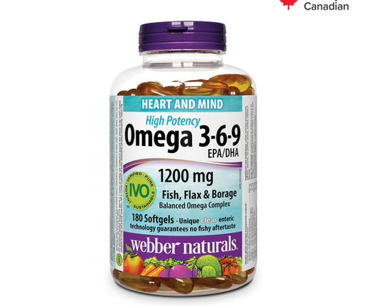 Webber Naturals Omega 3-6-9 High Potency 1200 mg Fish, Flax & Borage, 180 Clear Enteric Softgels