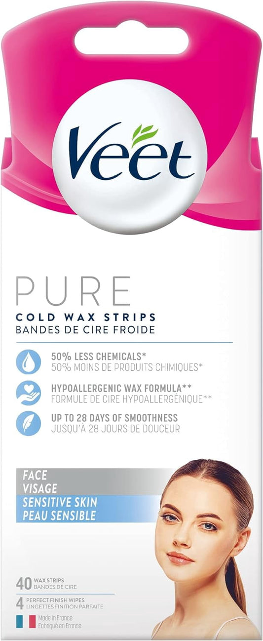 Veet Pure Cold Wax Strips for Face, Sensitive Skin, 40 Count + 4 Wipes