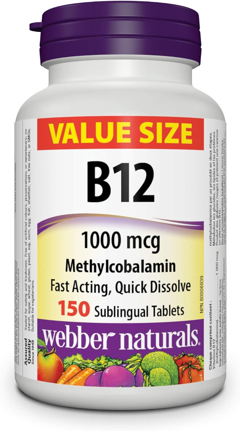 Webber Naturals Vitamin B12 Methylcobalamin 1000 mcg Sublingual Tablets, 150 Tablets