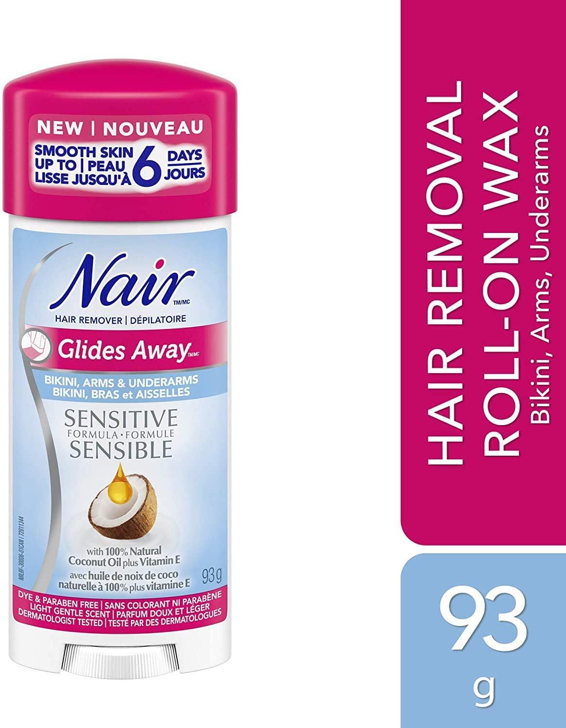 Nair Glides Away Sensitive Formula Hair Remover for Bikini, Arms & Underarms with Coconut Oil & Vitamin E, 93 g