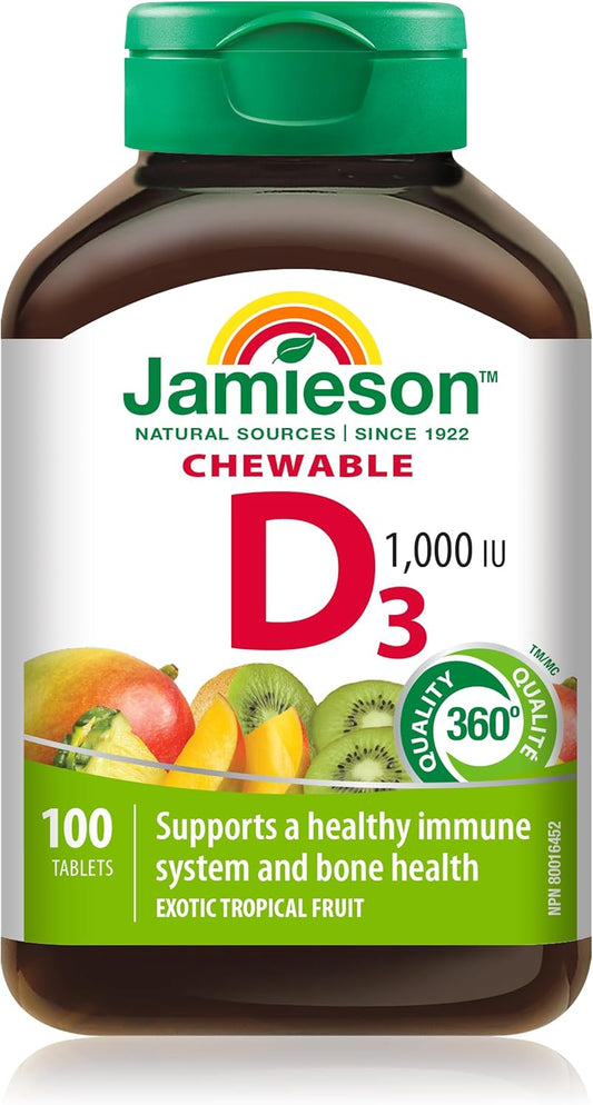 Jamieson Vitamin D3 1000 IU Tropical Fruit Chewable Tablets, 100 Count