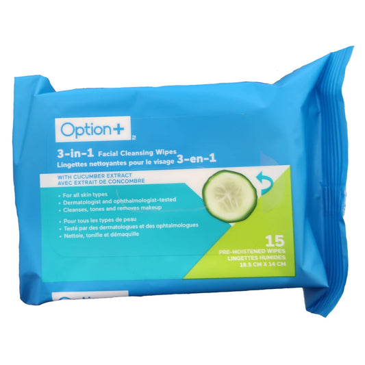 Option+ 3-in-1 Facial Cleansing Wipes with Cucumber Extract, 15 Wipes