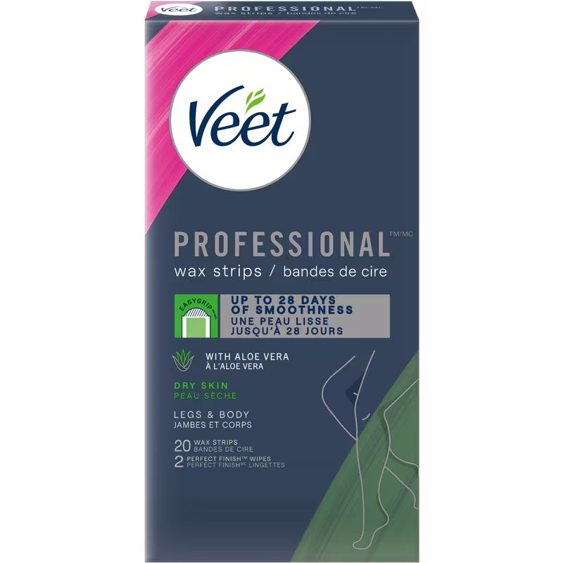 Veet Professional Easy-Gel Wax Strips for Legs & Body, Dry Skin, 20 ct
