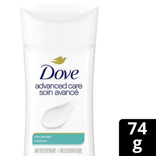 Dove Advanced Care Unscented Antiperspirant Deodorant Stick, 74 g