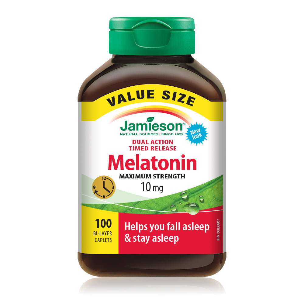 Jamieson Melatonin 10 mg Dual Action Timed Release Bi-Layer Caplets, 100 Count