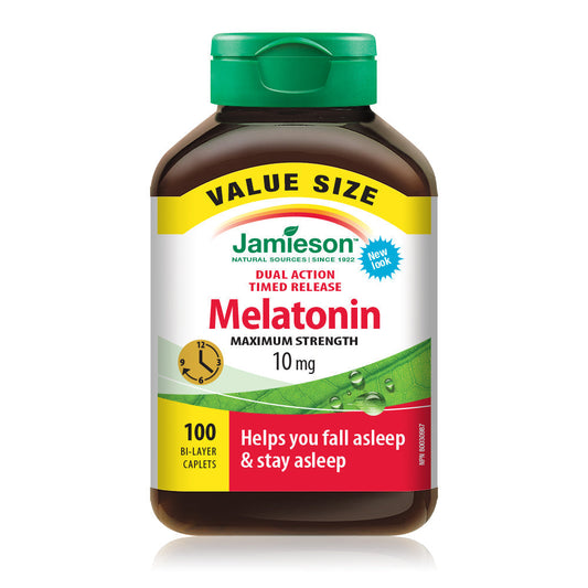 Jamieson Melatonin 10 mg Dual Action Timed Release Bi-Layer Caplets, 100 Count