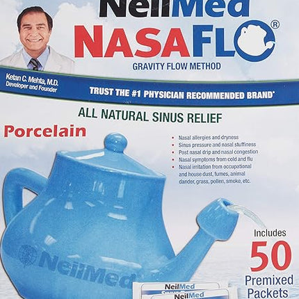 NeilMed NasaFlo Blue Porcelain Neti Pot with 50 Premixed Sinus Rinse Packets