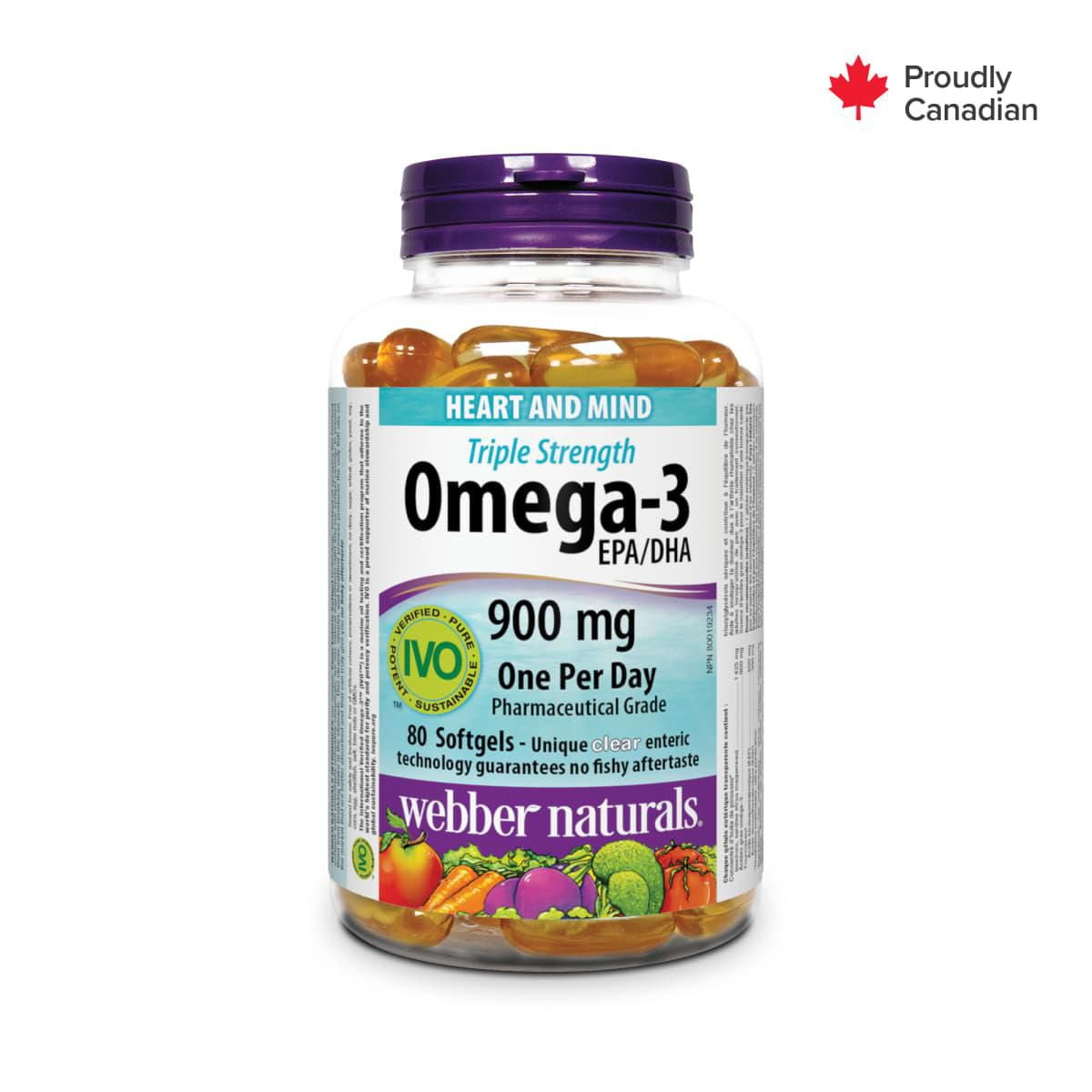 Webber Naturals Triple Strength Omega-3 900 mg EPA/DHA Clear Enteric Softgels, 80 Count