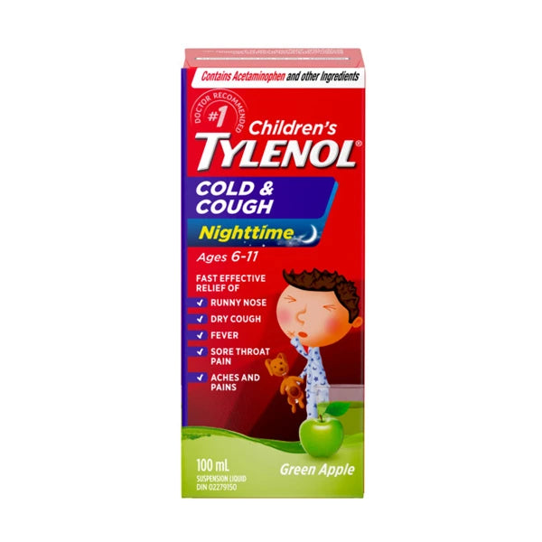Children's TYLENOL Cold & Cough Nighttime Green Apple Suspension Liquid, 100 mL
