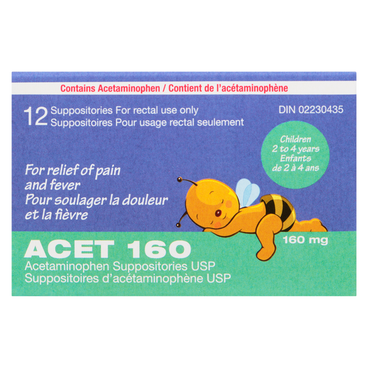 ACET 160 mg Acetaminophen Suppositories USP for Children 2–4 Years, 12 Suppositories