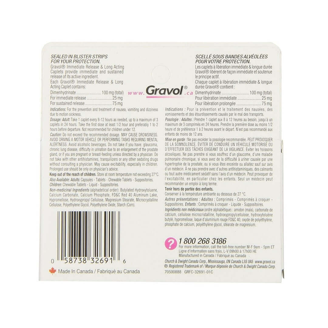 Gravol Immediate Release & Long Acting Caplets 100 mg, 8 Caplets