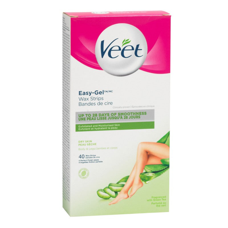 Veet Easy-Gel Wax Strips for Legs & Body, Dry Skin, 40 Strips