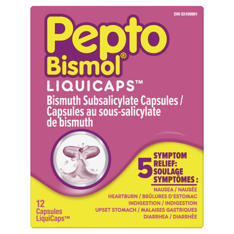 Pepto Bismol LiquiCaps 5-Symptom Relief, Regular Strength, 12 LiquiCaps