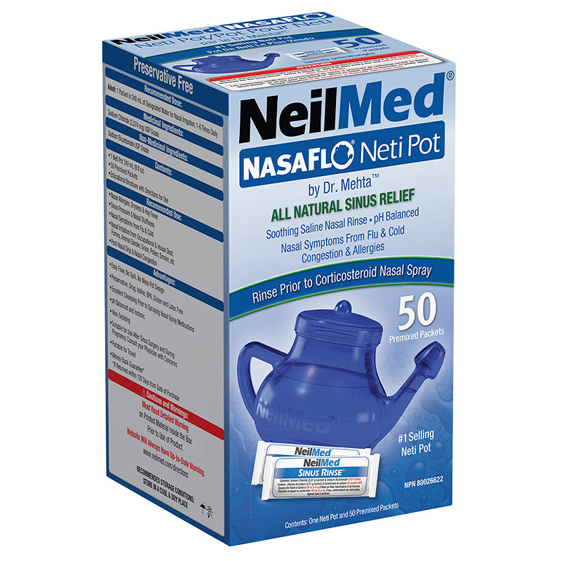NeilMed NasaFlo Neti Pot with 50 Premixed Sinus Rinse Packets