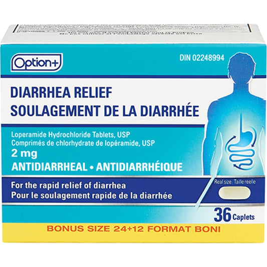 Option+ Diarrhea Relief Loperamide Hydrochloride 2 mg Caplets, 36 Count