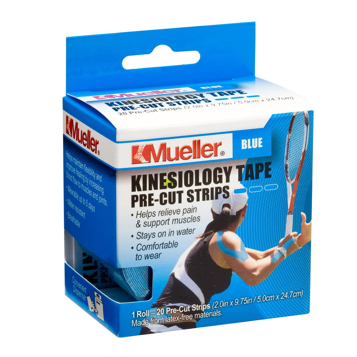 Mueller Kinesiology Tape Pre-Cut I-Strips, Blue, 20 Strips