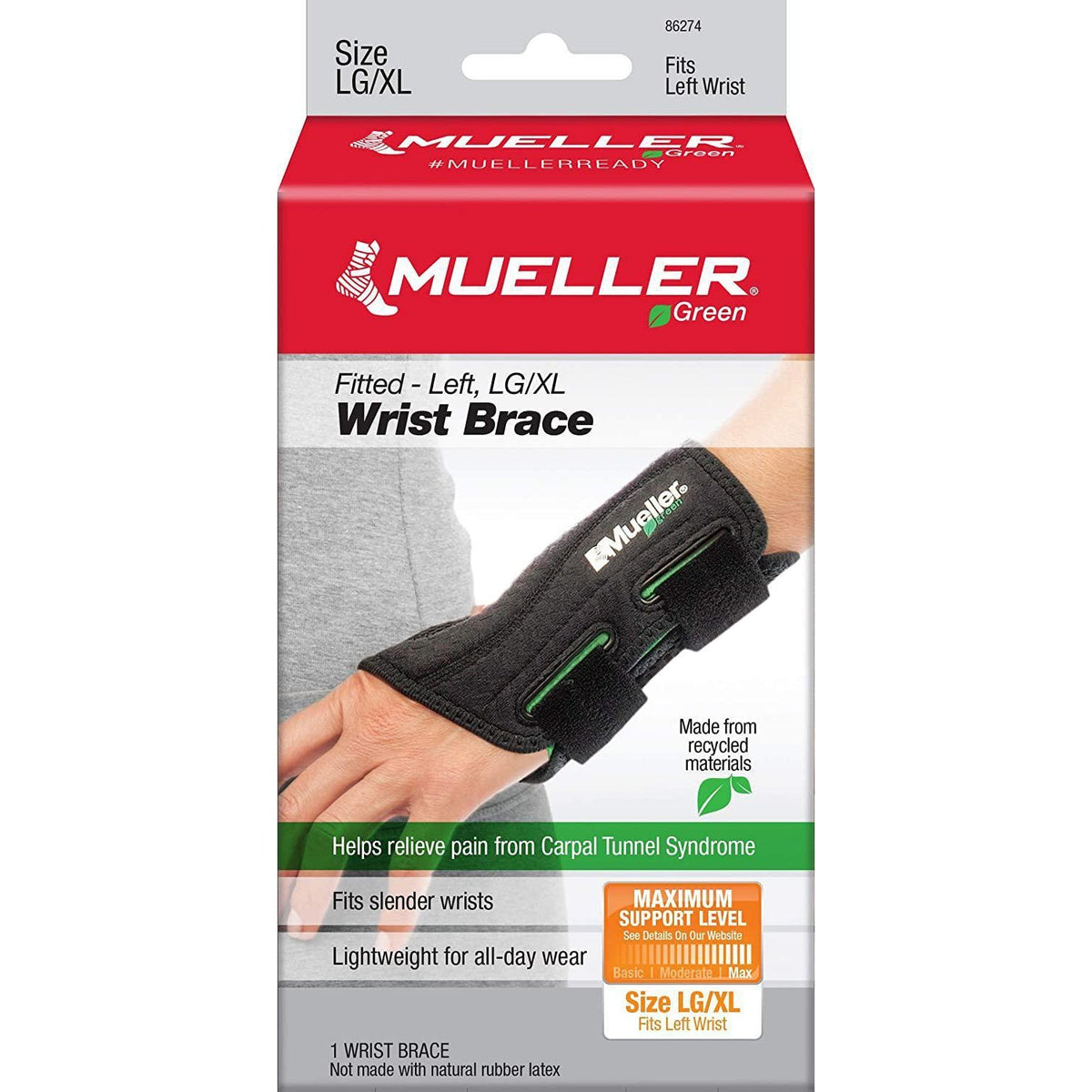 Mueller Green Fitted Wrist Brace, Left Hand, Large/Extra-Large, Black, 1 Count