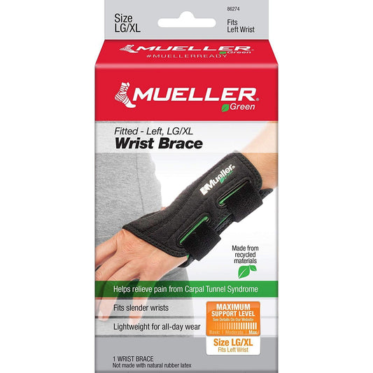 Mueller Green Fitted Wrist Brace, Left Hand, Large/Extra-Large, Black, 1 Count