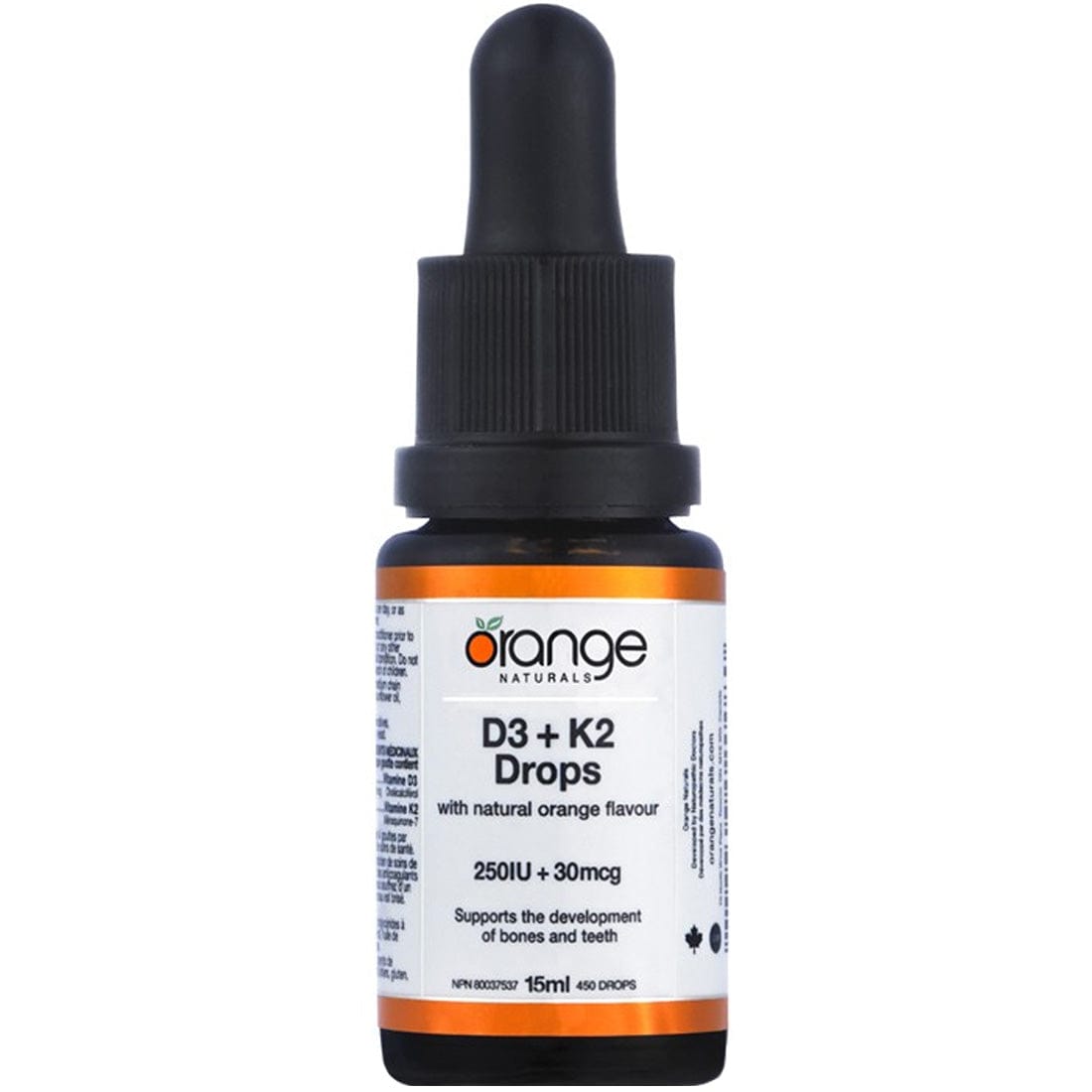 Orange Naturals D3 + K2 Drops 250 IU/30 mcg Orange Flavour MCT, 15 mL