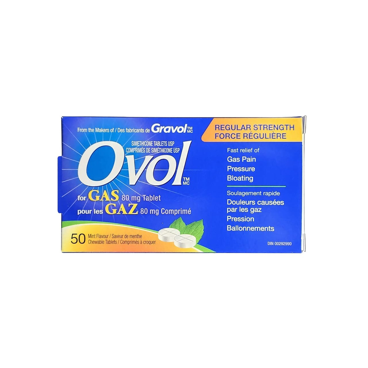 Ovol Regular Strength Simethicone 80 mg Peppermint Chewable Tablets, 50 Tablets