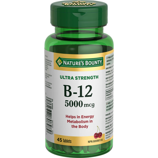 Nature's Bounty Vitamin B-12 Ultra Strength 5000 mcg Cherry Quick Dissolve Tablets, 45 Tablets