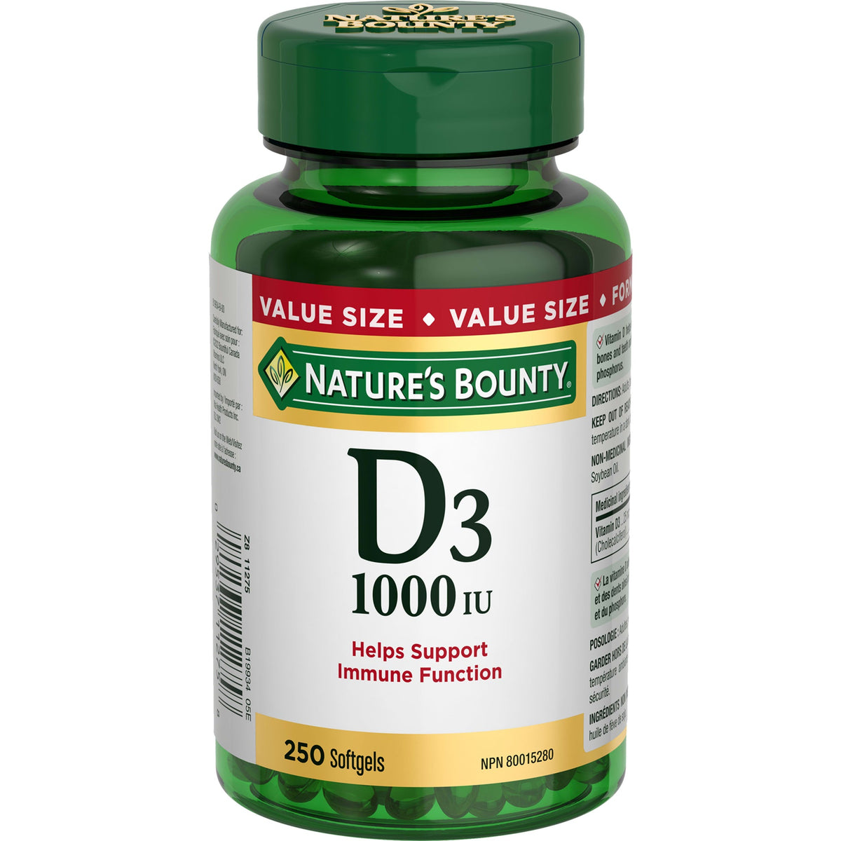 Nature's Bounty Vitamin D3 1000 IU Value Size Softgels, 250 Count