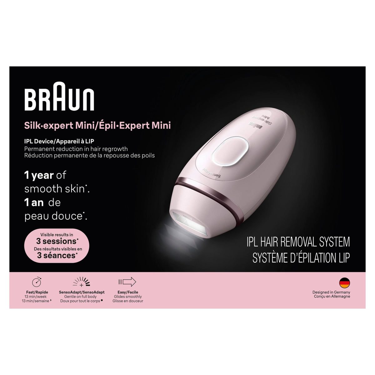 Braun Silk-expert Mini IPL1111 Corded IPL Hair Removal Device with Pouch & Venus Razor, Pink