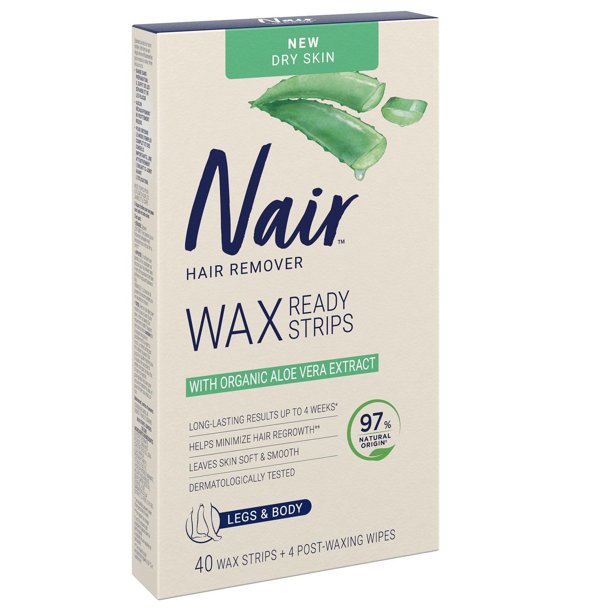 Nair Wax Ready Strips with Organic Aloe Vera for Legs & Body, 40 Strips + 4 Post-Waxing Wipes