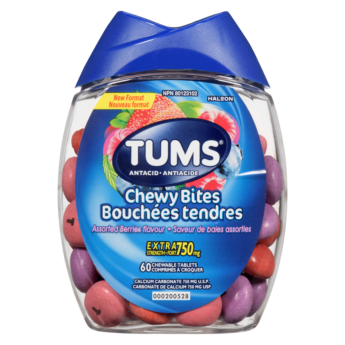 TUMS Chewy Bites Assorted Berries Chewable Antacid Tablets, Extra Strength 750 mg, 60 Count