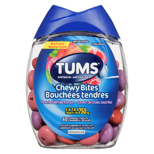 TUMS Chewy Bites Assorted Berries Chewable Antacid Tablets, Extra Strength 750 mg, 60 Count