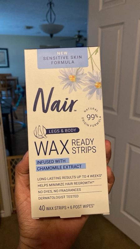 Nair Sensitive Wax Ready Strips for Legs & Body with Chamomile Extract, 40 Strips + 4 Finishing Wipes