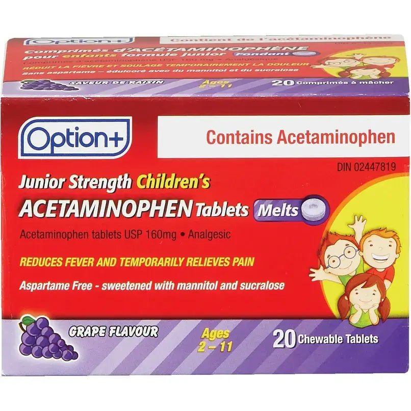 Option+ Children's Junior Strength Acetaminophen Melts, Grape Flavour, 160 mg, 20 Melting Tablets