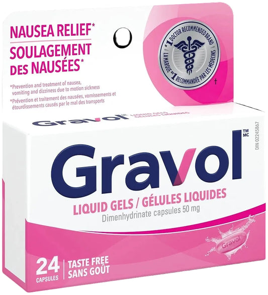 Gravol Taste-Free Liquid Gel Capsules, Dimenhydrinate 50 mg, 24 Capsules