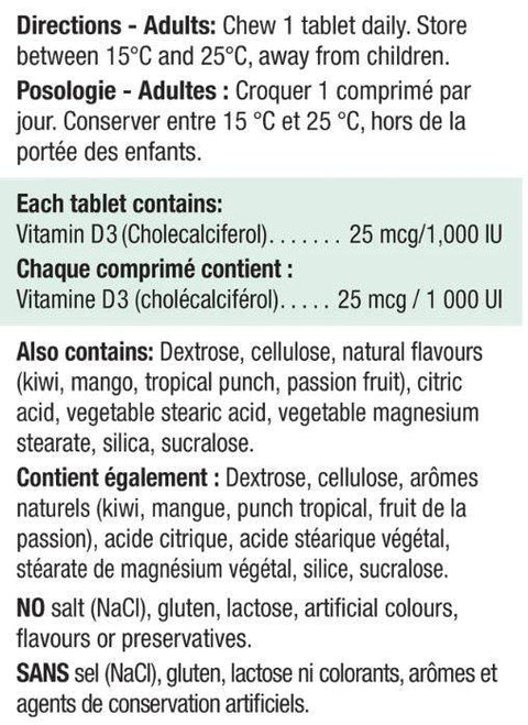 Jamieson Vitamin D3 1,000 IU Exotic Tropical Fruit Chewable Tablets, 100 Tablets