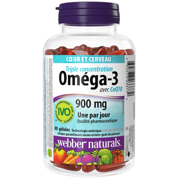 Webber Naturals Omega-3 with CoQ10 Triple Strength 900 mg EPA/DHA, 80 Clear Enteric Softgels
