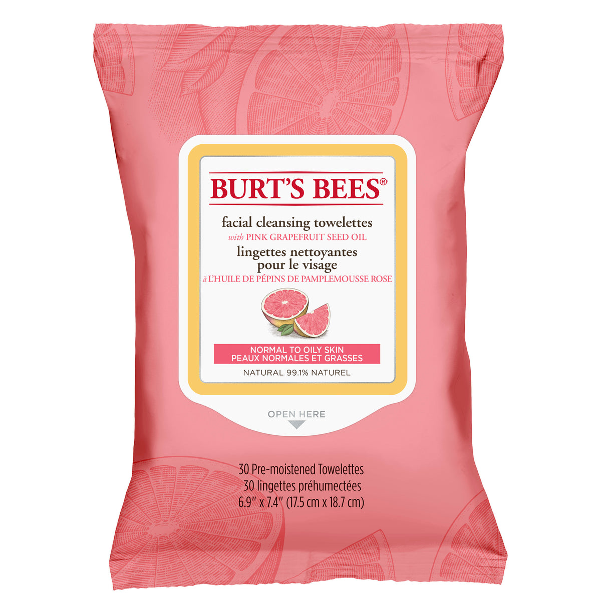 Burt's Bees Clarifying Facial Towelettes, Pink Grapefruit, 30 Wipes