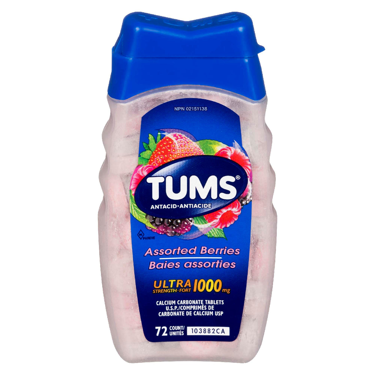 TUMS Ultra Strength Assorted Berries Chewable Antacid Tablets, 72 Count
