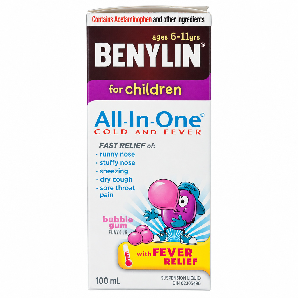 BENYLIN For Children All-In-One Cold & Fever Syrup, Bubble Gum Flavour, 100 mL