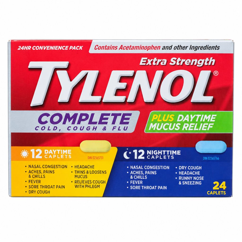 TYLENOL Extra Strength Complete Cold, Cough & Flu Day & Night Caplets, 24 Count (12 Daytime + 12 Nighttime)