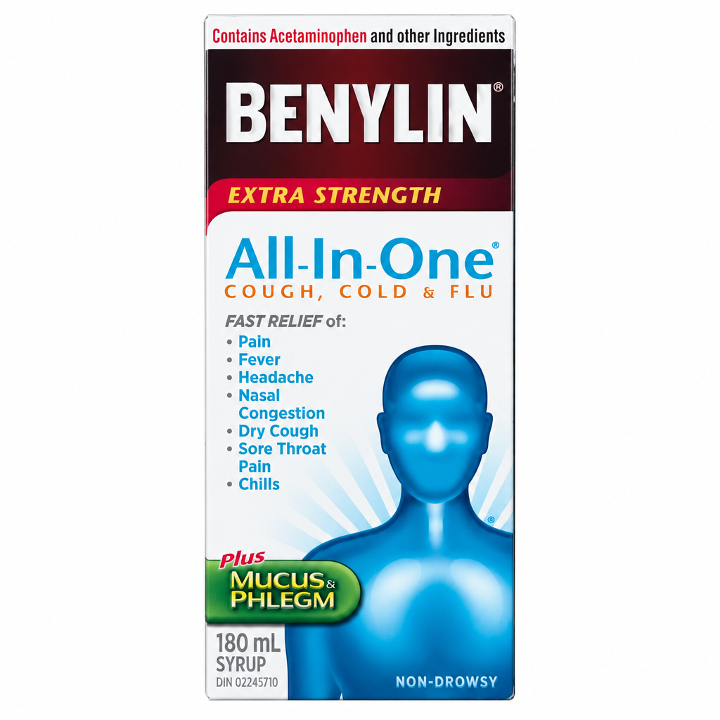 BENYLIN Extra Strength All-In-One Cough, Cold & Flu Syrup, 180 mL