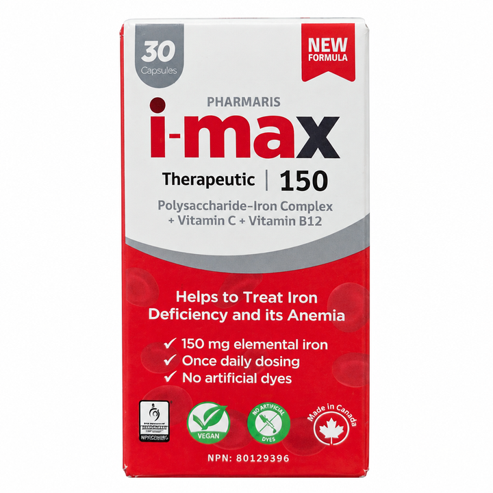 Pharmaris i-max 150 Polysaccharide Iron Complex with Vitamin C & B12, 30 Capsules