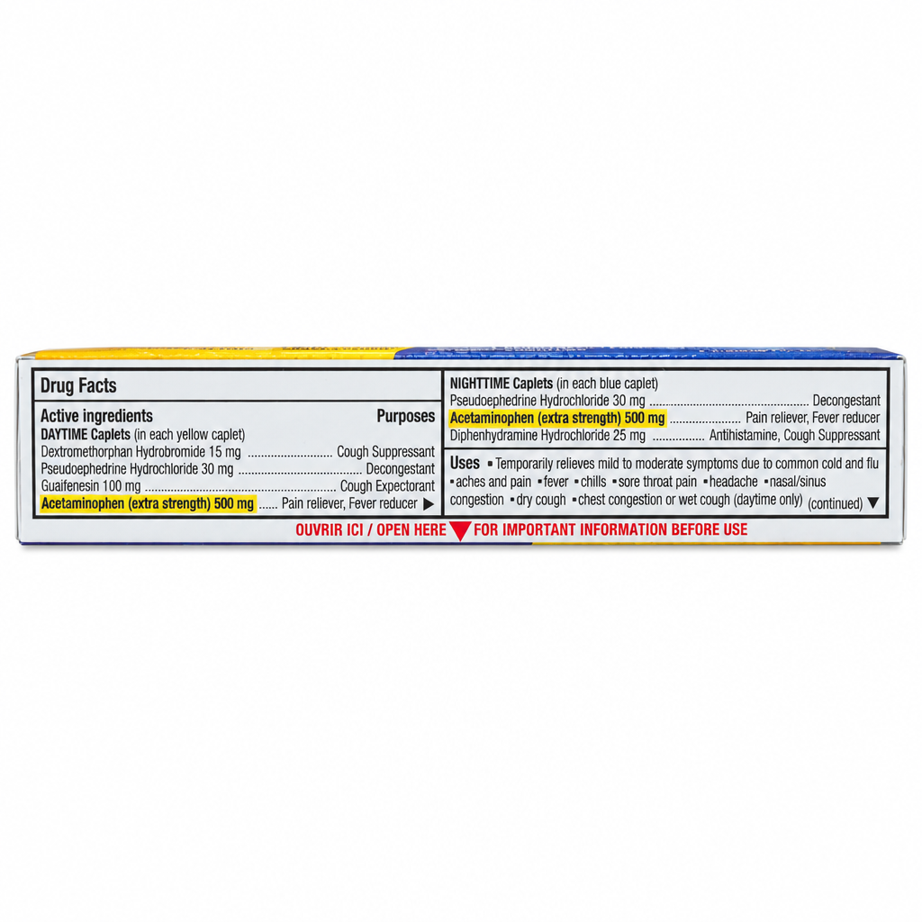 TYLENOL Extra Strength Complete Cold, Cough & Flu Day & Night Caplets, 24 Count (12 Daytime + 12 Nighttime)
