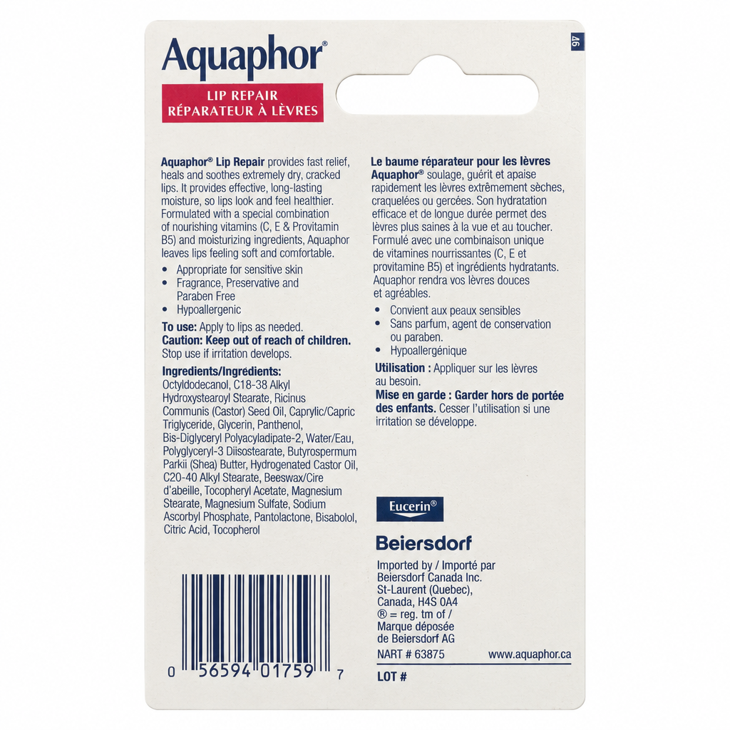 Eucerin Aquaphor Lip Repair Healing Ointment, 10 mL