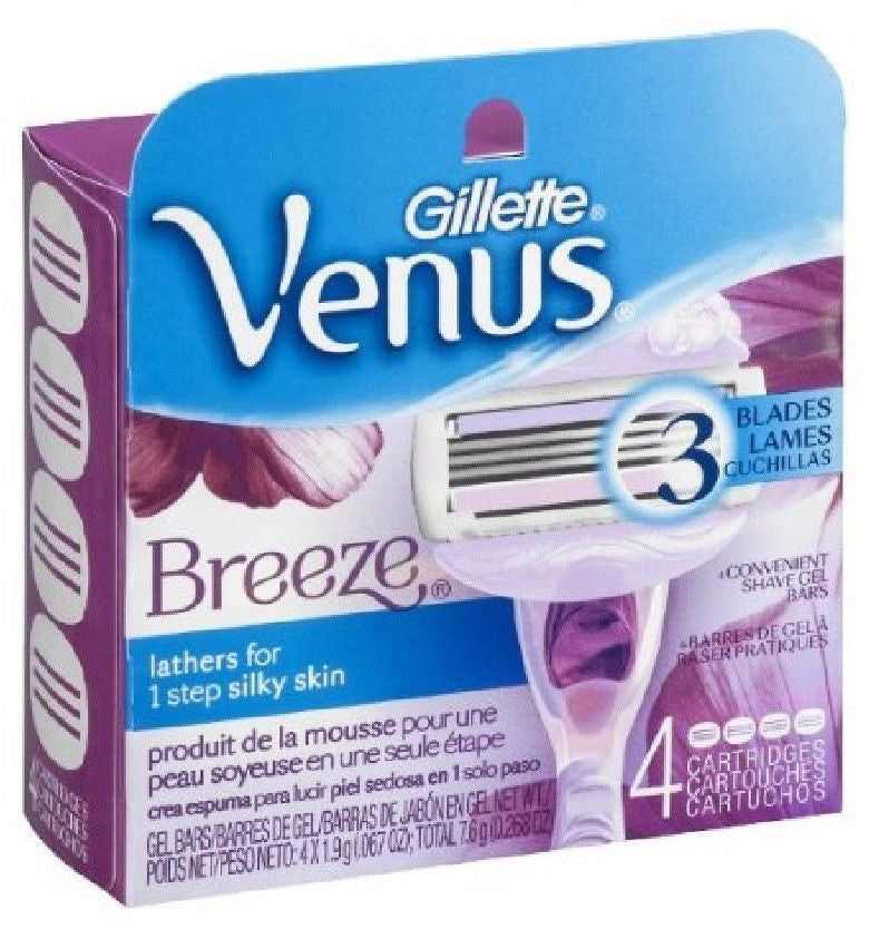 Gillette Venus Breeze 2-in-1 Razor Cartridges with Shave Gel Bars, 4 Count