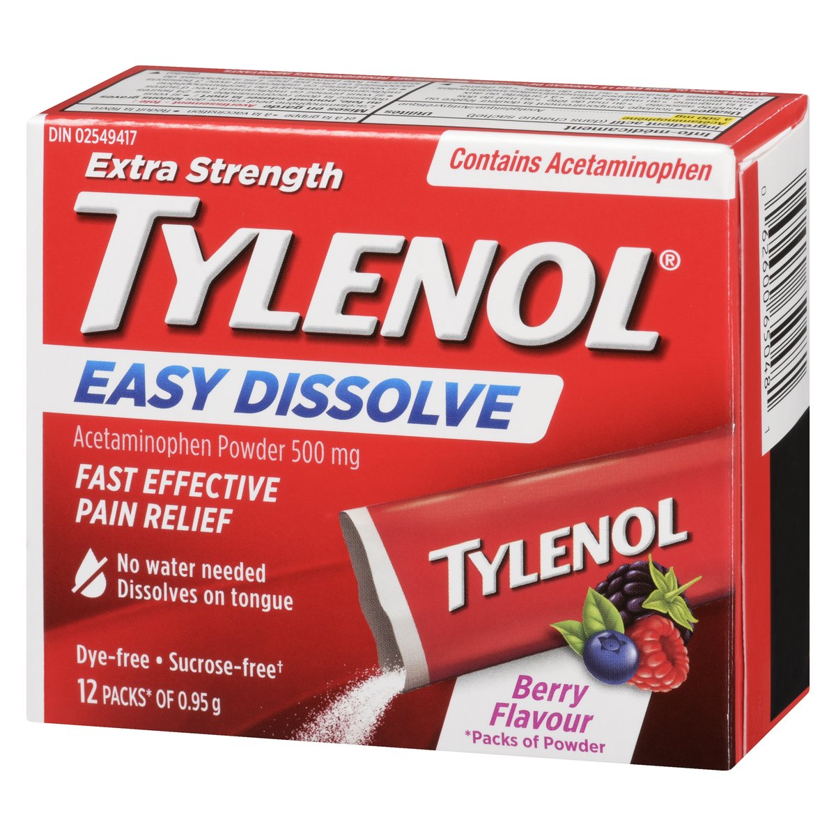 TYLENOL Extra Strength Easy Dissolve Berry Flavour 500 mg Powder Sachets, 12 Count