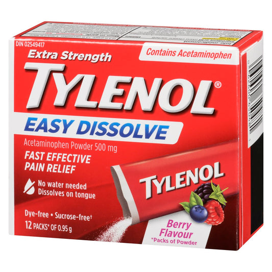 TYLENOL Extra Strength Easy Dissolve Berry Flavour 500 mg Powder Sachets, 12 Count