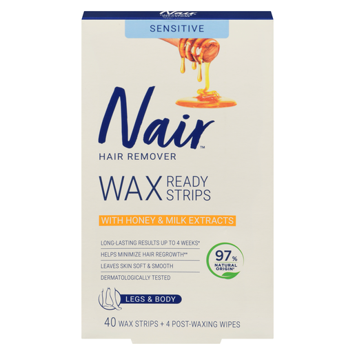 Nair Wax Ready-Strips for Legs & Body with Honey & Milk Extracts, 40 Strips